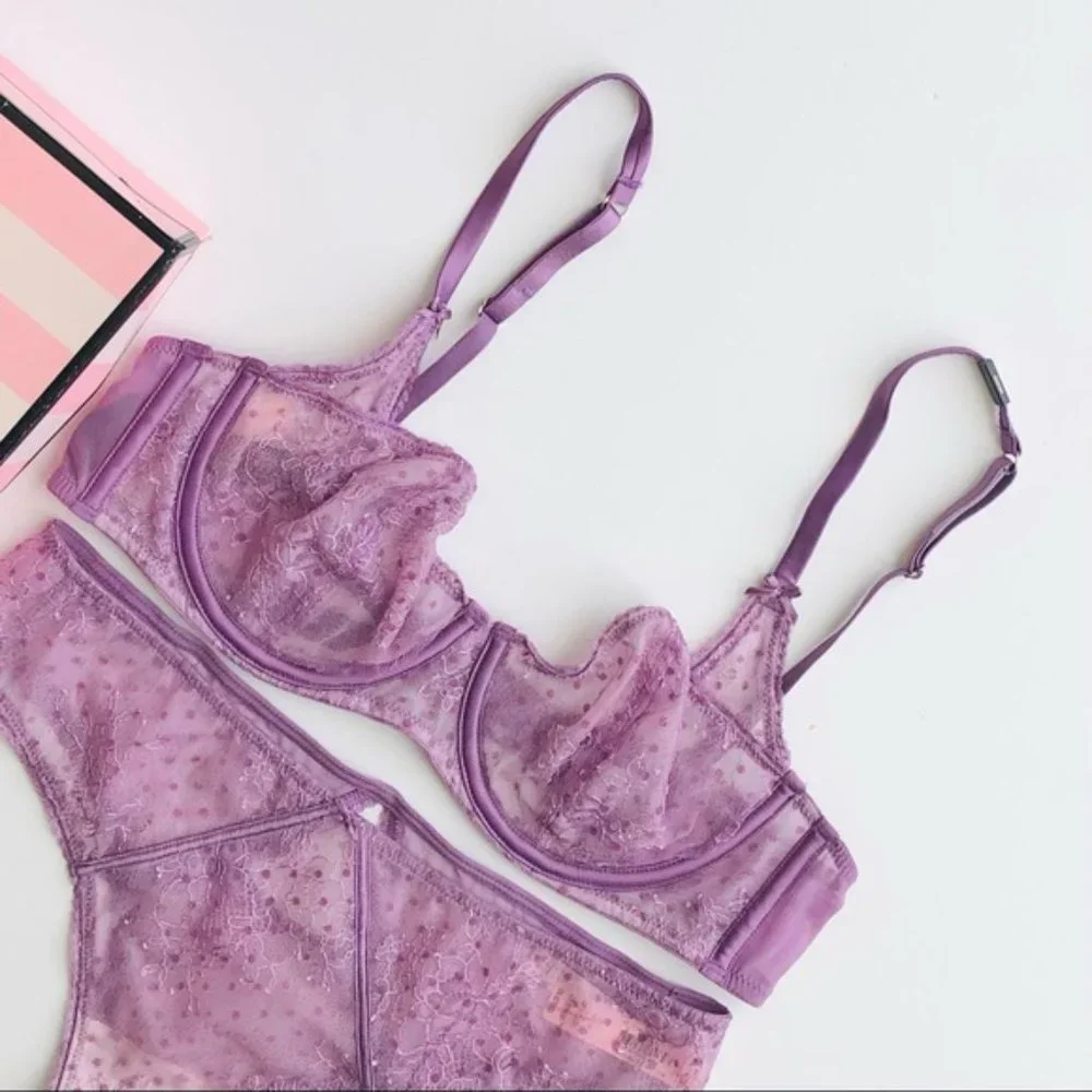 Victoria's Secret Lavender Sheer Lace Underwire Bra & Bikini Set with Sequins